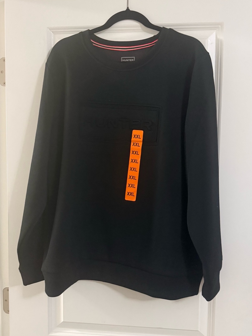 Hunter Black Crewneck Sweater with Red-Trim Collar and Orange Tag